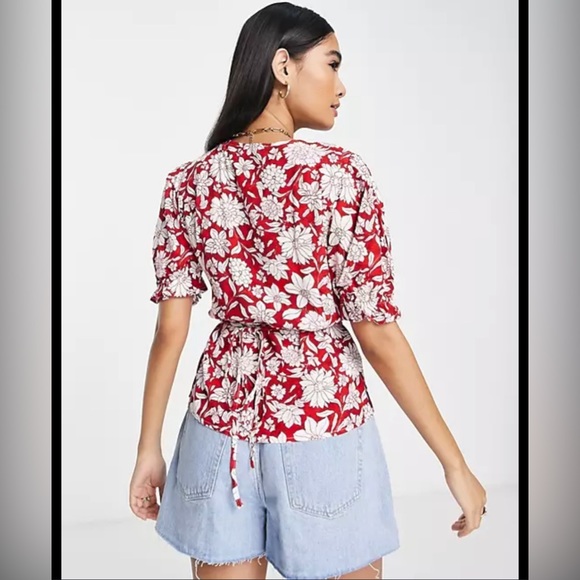 Mango new floral red print frill tie blouse size xs - Picture 3 of 8